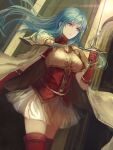  1girl aqua_eyes aqua_hair armor boots breastplate cape eirika_(fire_emblem) fire_emblem fire_emblem:_the_sacred_stones gloves highres holding holding_sword holding_weapon long_hair machi_wt red_gloves red_shirt shirt shoulder_armor skirt solo sword thigh_boots weapon white_skirt 