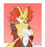  &lt;3 absurd_res anthro big_breasts breasts canid canine delphox female fur generation_6_pokemon hi_res inner_ear_fluff licking licking_lips looking_at_viewer mammal mittsu nintendo pokemon pokemon_(species) red_body red_fur simple_background solo solo_focus tongue tongue_out tuft white_body white_fur yellow_body yellow_fur 