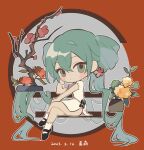  1girl absurdly_long_hair apricot_flower aqua_eyes aqua_hair bare_arms bench black_bow black_footwear bow chibi china_dress chinese_clothes chrysanthemum circle crossed_legs dated dress flower folded_hair full_body green_eyes hair_flower hair_flowing_over hair_ornament half_updo hatsune_miku highres long_hair looking_at_viewer ofgwr outline outstretched_arm pink_flower plant potted_plant railing red_background red_flower shaohua_hatsune_miku shoes short_dress side_slit sitting socks solo very_long_hair vocaloid white_dress white_outline white_socks yellow_flower 