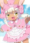  1girl absurdres apron bow brown_fur capelet chromatic_aberration claws dress ear_bow fang frilled_capelet frilled_dress frilled_ribbon frills furry furry_female hat highres kemoribon made_in_abyss nanachi_(made_in_abyss) no_nose open_mouth pawpads pink_bow pink_capelet pink_dress pink_headwear ribbon solo star_(symbol) star_in_eye symbol_in_eye waist_apron whiskers white_hair yellow_eyes 
