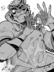  &lt;3 anthro clothing felid fur gesture hand_heart hi_res hoodie lifewonders line_art live_a_hero male mammal masapeko33 muscular muscular_anthro muscular_male one_eye_closed pantherine rexer smile solo sparkles striped_body striped_fur stripes tiger topwear wink 