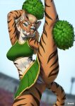  2023 anthro bethesda_softworks blonde_hair blue_eyes cheerleader_outfit clothed clothing duo felid female foxovh fur genitals hair hi_res holding_leg holding_leg_up holding_own_leg hybrid inner_ear_fluff khajiit looking_at_viewer low-angle_view mammal navel orange_body orange_fur outside pantherine pantiless pom_poms pussy raised_leg riilitha smile spread_legs spreading striped_body striped_fur stripes tail the_elder_scrolls tiger tuft 