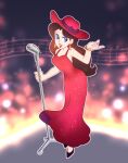  1girl blue_eyes breasts brown_hair dress earrings eyeshadow full_body jewelry makeup mario_(series) microphone musical_note open_mouth pauline_(mario) red_dress red_headwear sleeveless sleeveless_dress smile solo sparkle super_mario_odyssey vergolophus 