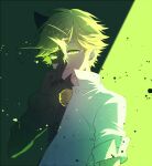  1boy adrien_agreste animal_ears asymmetrical_ears bell black_bodysuit black_gloves blonde_hair bodysuit cat_boy cat_ears chat_noir closed_mouth collared_shirt commentary domino_mask dress_shirt dual_persona dust electricity english_commentary fingernails flipped_hair gloves green_background green_eyes hand_up jingle_bell looking_at_viewer male_focus mask miraculous_ladybug natural_wind neck_bell sharp_fingernails shirt short_hair short_sleeves sleeves_rolled_up smile solo split_theme superhero swept_bangs two-tone_background upper_body w white_shirt 