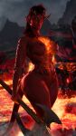  3d_(artwork) absurd_res axe battle_axe breasts demon demon_humanoid digital_media_(artwork) female hi_res holding_axe holding_melee_weapon holding_object holding_weapon humanoid lava loveslove melee_weapon nipples solo thick_thighs weapon 