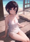  1girl beach black_hair blue_eyes blush breasts camisole cleavage closed_mouth double-parted_bangs hair_between_eyes highres looking_at_viewer nail_polish ocean original short_hair small_breasts smile solo spaghetti_strap summer swept_bangs thighs white_camisole yunarebun 