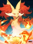  1girl animal_ear_fluff animal_ears animal_nose artist_name blue_background body_fur commentary copyright_name delphox embers eyelashes fire fox_ears fox_girl furry furry_female gradient_background hand_up highres logo looking_at_viewer multicolored_fur open_mouth pokemon pokemon_(creature) pokemon_(game) pokemon_unite pyrokinesis red_eyes red_fur sharp_teeth signature snout solo standing suahh teeth twitter_username upper_body white_fur yellow_fur 