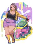  1girl akina_bbw alolan_muk belt black_gloves black_shirt boots breasts brown_eyes brown_hair cleavage commission curvy fingerless_gloves gloves hand_on_own_chest highres holding jacket large_breasts leaning_to_the_side long_hair long_sleeves looking_at_viewer open_mouth original pencil_skirt pink_skirt poke_ball shirt simple_background skeb_commission skirt standing thick_thighs thighs white_background wide_hips yellow_jacket 