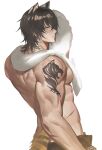  1boy animal_ears arknights arm_tattoo black_hair broca_(arknights) closed_mouth cowboy_shot facing_back highres holding holding_towel looking_at_viewer male_focus muscular muscular_male serious simple_background solo tail tattoo tiger_ears tiger_tail tiger_tattoo towel white_background white_towel zerg_(z79438659) 
