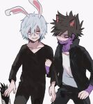  3boys ametaro_(ixxxzu) animal_ears black_hair black_jacket black_pants black_shirt blue_eyes boku_no_hero_academia burn_scar cat_boy cat_ears cheek_piercing dabi_(boku_no_hero_academia) grey_hair highres jacket kurogiri_(boku_no_hero_academia) male_focus multiple_boys multiple_scars pants rabbit_boy rabbit_ears red_eyes scar scar_on_face shigaraki_tomura shirt short_hair simple_background spiked_hair staple stapled sweat white_background white_shirt wrinkled_skin 