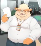  2023 angry anthro anthrofied arcanine belly big_belly bottomwear clothing detailed_background dragon_night800 eyewear generation_1_pokemon glasses hi_res inside kemono male nintendo overweight overweight_male pants pokemon pokemon_(species) shirt solo topwear 