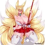  2023 animal_humanoid areola big_breasts blonde_hair breasts canid canid_humanoid canine canine_humanoid clothing female fox_humanoid hair hirume humanoid kneeling last_origin legwear mammal mammal_humanoid multi_tail pashapencil solo tail thigh_highs yellow_eyes 