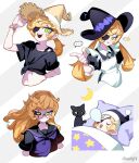  ... 1girl animal_ears apron arm_behind_back arm_up black_cat black_shirt blanket blonde_hair bracelet buttons cat cat_ears closed_eyes crescent curly_hair donuttypd expressions eyepatch gabrielle_(donuttypd) glasses grabbing green_eyes hand_on_headwear hand_up hat highres jewelry knot long_hair looking_at_another looking_at_viewer looking_down looking_to_the_side looking_up lying magician maid maid_apron medium_hair moon no_headwear nose_bubble open_mouth open_smile original pillow pointing ponytail puffy_short_sleeves puffy_sleeves round_eyewear sailor_collar scar school_uniform shaded_face shirt short_sleeves sleeping smile star_(symbol) straw_hat striped striped_background whiskers 