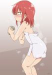  1girl bare_shoulders blush brown_eyes drink flat_chest from_side glasses gradient_background highres holding holding_drink kobayashi-san_chi_no_maidragon kobayashi_(maidragon) motokazu_(dontokodon) naked_towel official_style parody pink_hair ponytail steaming_body style_parody towel water_drop white_background 