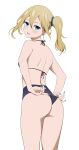  1girl absurdres adjusting_clothes adjusting_swimsuit ass back bare_shoulders bikini black_bikini blonde_hair blue_eyes blue_nails coro_fae cowboy_shot from_behind hair_ornament hair_scrunchie hayasaka_ai highres kaguya-sama_wa_kokurasetai_~tensai-tachi_no_renai_zunousen~ long_hair looking_at_viewer looking_back open_mouth scrunchie side_ponytail simple_background smile solo swimsuit thighs white_background 