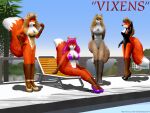  1997 3d_(artwork) 3dcg anthro bikini breasts canid canine clothed clothing digital_media_(artwork) english_text female fox fur group hair learfox mammal navel swimwear tail text 