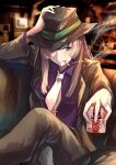  1girl absurdres black_hair black_headwear black_jacket black_nails black_pants blue_eyes cigarette collared_shirt cowboy_hat cowboy_western crossed_legs hat highres hololive jacket juufuutei_raden long_hair looking_at_viewer multicolored_hair nail_polish nanakusa_ayame necktie pants purple_shirt shirt sidelocks solo streaked_hair virtual_youtuber white_hair white_necktie 