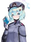  1girl absurdres animal_ear_fluff animal_ears aqua_hair blue_archive blue_eyes blush breasts closed_mouth gloves grey_headwear hair_between_eyes hair_ornament hairclip halo hat highres hip_flask holding looking_at_viewer purple_eyes scarlet23i0 shigure_(blue_archive) short_hair simple_background solo upper_body weasel_ears weasel_girl white_background 