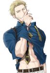  1boy abs belt black_eyes blonde_hair blue_shirt brown_belt closed_mouth clothes_lift collared_shirt covering_mouth cowboy_shot hand_over_own_mouth hand_up highres jujutsu_kaisen looking_at_viewer male_focus nanami_kento necktie pants shirt shirt_lift short_hair simple_background sleeves_rolled_up solo ssss7777_7 standing tsurime white_background white_pants yellow_necktie 
