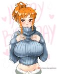  1girl absurdres birthday blue_sweater blush breasts brown_eyes closed_mouth commentary earrings english_commentary hair_bun hands_on_own_chest happy_birthday heart highres jewelry joy_boy large_breasts long_hair long_sleeves looking_to_the_side midriff_peek nami_(one_piece) navel one_piece orange_hair patreon_username pearl_earrings ribbed_sweater sidelocks sideways_glance solo sweater turtleneck turtleneck_sweater upper_body white_background 