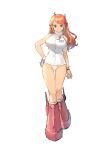  1girl absurdres boots breasts chagallkun closed_mouth commentary_request full_body hand_on_own_hip highres leotard long_hair looking_at_viewer medium_breasts nami_(one_piece) official_alternate_costume one_piece orange_hair sleeveless_turtleneck_leotard smile solo standing white_background white_leotard 