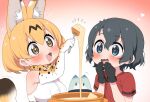  +_+ 2girls :3 animal_ears bare_shoulders black_gloves black_hair blonde_hair blue_eyes blush bow bowtie cat_ears cat_girl cat_tail covering_mouth elbow_gloves extra_ears fang fondue_au_fromage food gloves hair_between_eyes highres kaban_(kemono_friends) kemono_friends lucky_beast_(kemono_friends) multicolored_clothes multicolored_hair multiple_girls no_headwear open_mouth print_bow print_bowtie print_gloves ransusan red_shirt serval_(kemono_friends) serval_print shirt short_hair short_sleeves sidelocks sleeveless t-shirt tail white_gloves white_shirt yellow_eyes yellow_gloves 