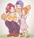  3girls aged_down aokamei bellemere blue_hair child cigarette closed_eyes dress family food fruit full_body happy headband highres holding holding_food holding_fruit long_hair low_ponytail mandarin_orange mohawk mother_and_daughter multiple_girls nami_(one_piece) nojiko one_piece open_mouth orange_hair outdoors pink_dress pink_hair ponytail short_hair short_sleeves siblings sisters smile squatting teeth 