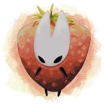  1girl alicezakat alternate_costume arthropod_girl artist_name black_eyes black_skin blank_eyes colored_skin commentary english_commentary food fruit full_body highres hollow_knight hornet_(hollow_knight) red_background simple_background solo standing strawberry strawberry_costume twitter_username watermark white_background 