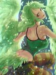  1girl bare_shoulders bird_legs breasts commentary_request crop_top feathered_wings feathers green_feathers green_hair green_tank_top green_wings harpy highres large_breasts long_hair looking_at_viewer looking_back monet_(one_piece) monster_girl one_piece smile solo striped striped_leggings tail_feathers talons tank_top urasanmyaku winged_arms wings yellow_eyes 