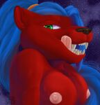  anthro breasts fangs fangs_bared female goallonely hi_res nipples pinup pose red_tiger simple_background solo teeth tongue tongue_out 
