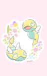  animal_focus asakoline blue_flower closed_eyes closed_mouth dunsparce flower no_humans open_mouth pink_background pink_flower pokemon pokemon_(creature) purple_flower signature simple_background spiked_tail tail tulip white_wings wings yellow_flower 