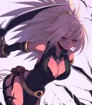  1girl bare_shoulders belt black_bra black_dress bra breasts character_request cleavage cleavage_cutout clothing_cutout dress dungeon_and_fighter highres hwaryeok large_breasts long_hair pointy_ears ponytail side_slit sidelocks solo tagme underwear white_hair yellow_eyes 