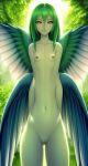  ai_generated anthro avian blue_body blue_feathers breasts european_mythology feathers female genitals greek_mythology green_body green_hair hair harpy humanoid looking_at_viewer looking_forward mouth_closed mythological_avian mythology nipples nude orange_eyes outside pussy skinny small_breasts solo solo_focus standing unusual_anatomy wings 