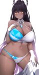  1girl absurdres arind_yudha bikini black_hair blue_archive blush breasts closed_mouth clothes_pull cosplay dark-skinned_female dark_skin detached_collar gloves gradient_hair hair_between_eyes halo hand_up hibiki_(blue_archive) hibiki_(blue_archive)_(cosplay) highres huge_breasts karin_(blue_archive) long_hair multicolored_hair navel partially_fingerless_gloves purple_hair skirt skirt_pull solo stomach swimsuit two-tone_bikini two-tone_hair very_long_hair white_bikini white_gloves white_skirt yellow_eyes 