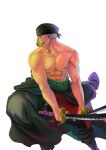  1boy abs bandana bara black_bandana clothes_down feet_out_of_frame fighting_stance green_hair highres large_pectorals looking_to_the_side male_focus mouth_hold muscular muscular_male nipples nok_(nok_1) one_piece pectoral_squeeze pectorals roronoa_zoro scar scar_across_eye short_hair solo topless_male triple_wielding 