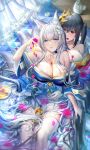  2girls absurdres ahoge animal_ear_fluff animal_ears azur_lane black_hair blue_eyes blue_kimono breasts cleavage for-miku fox_ears fox_tail hair_between_eyes hair_ornament highres huge_breasts japanese_clothes kimono large_breasts long_hair mask mask_on_head multiple_girls multiple_tails partially_submerged print_kimono red_eyes red_kimono shinano_(azur_lane) taihou_(azur_lane) tail 