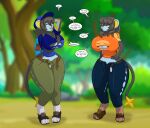  anthro arm_under_breasts big_breasts black_body black_fur black_hair blue_body blue_fur breasts clothed clothing colored dialogue duo english_text eyelashes eyes_closed eyewear female forest forest_background fur gender_transformation generation_4_pokemon glasses hair hi_res long_hair luxray mtf_transformation narrowed_eyes nature nature_background nintendo plant pokemon pokemon_(species) red_eyes runningtoaster species_transformation speech_bubble tail text thick_thighs tight_clothing torn_clothing transformation tree 