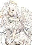  1010_neg 1girl angel_wings arm_up bare_shoulders blue_choker blush choker gloves hair_between_eyes halo highres long_hair looking_at_viewer original parted_lips simple_background solo thigh_strap very_long_hair white_background white_gloves white_hair wings yellow_eyes 