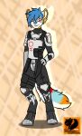 arctic_wolf armor black_armor blue_hair canid canine canis falcon_woodwere fur hair hand_on_hip hi_res looking_at_viewer male mammal multicolored_body multicolored_fur red_eyes simple_background solo titanfall titanfall_2 white_armor wolf xxtwilightlightxx 