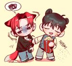  2boys animal_ears black_hair black_jacket chibi closed_eyes clothes_grab commentary_request cup disposable_cup eoduun_badaui_deungbul-i_doeeo food fox_boy fox_ears fox_tail full_body jacket kemonomimi_mode kim_jaehee korean_commentary korean_text long_sleeves male_focus multiple_boys open_mouth pants park_moo-hyun popcorn red_hair short_hair simple_background sleeve_grab smile squiggle standing sweat tail thought_bubble translation_request turn_pale us_npius yellow_background 