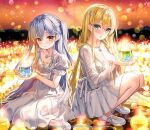  2girls blonde_hair blue_flower blurry blurry_background blush breasts character_request cleavage closed_mouth commentary_request copyright_name depth_of_field dress flower fujima_takuya green_eyes grey_hair hair_between_eyes holding kagamihara_azumi long_hair medium_breasts multiple_girls parted_lips pleated_dress red_eyes see-through see-through_cleavage shoes sitting smile two_side_up very_long_hair wariza white_dress white_footwear z/x 