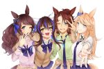  4girls animal_ears arm_around_shoulder blonde_hair blue_bow blue_bowtie blue_eyes blue_hair blue_necktie blue_skirt blush bow bowtie bracelet breasts brown_hair cardigan closed_mouth clothes_around_waist collared_shirt daitaku_helios_(umamusume) ear_bow ear_covers fang fu_(foo_umm) gold_city_(umamusume) green_eyes green_shirt hand_up highres horse_ears horse_girl horse_tail jewelry long_hair mejiro_palmer_(umamusume) miniskirt multicolored_hair multicolored_nails multiple_girls necktie one_eye_closed open_mouth parted_bangs parted_lips pink_shirt pleated_skirt ponytail purple_eyes reaching reaching_towards_viewer shirt skin_fang skirt sleeves_past_fingers sleeves_past_wrists sleeves_rolled_up small_breasts smile spread_fingers sticker_on_face streaked_hair tail teeth tosen_jordan_(umamusume) twintails twitter_username two-tone_hair umamusume upper_body v w watermark white_background white_shirt wristband yellow_eyes 