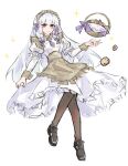  1girl apron basket black_footwear braided_sidelock cookie dress fire_emblem fire_emblem:_three_houses fire_emblem_heroes food frilled_apron frilled_dress frills full_body hair_ribbon highres long_hair looking_at_viewer lysithea_von_ordelia lysithea_von_ordelia_(tea_party) maid maid_apron maid_headdress official_alternate_costume official_alternate_hairstyle paiiart pantyhose purple_eyes ribbon smile solo white_background white_dress white_hair wrist_cuffs 