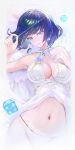  1girl absurdres bare_shoulders blue_eyes blue_hair breasts cleavage cleavage_cutout clothing_cutout dice earrings genshin_impact glint highres jewelry lace lace_panties lingerie lying medium_breasts navel occa-key on_back open_mouth panties short_hair smile solo underwear upper_body white_panties yelan_(genshin_impact) 