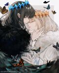  1boy absurdres arthropod_boy black_hair blue_eyes bug butterfly cape cloak closed_eyes crown diamond_hairband fate/grand_order fate_(series) fur-trimmed_cape fur-trimmed_cloak fur_trim highres long_sleeves maidhao male_focus medium_hair multiple_persona oberon_(fate) oberon_(third_ascension)_(fate) profile signature simple_background solo upper_body white_background white_hair 