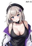  1girl aa-12_(girls&#039;_frontline) ahoge black_camisole black_headwear blue_eyes blush breasts camisole candy character_name cleavage food food_in_mouth girls&#039;_frontline grey_hair hair_ornament highres jacket ki-51_(ampullaria) lollipop long_hair looking_at_viewer multicolored_clothes multicolored_jacket off_shoulder open_clothes open_jacket purple_jacket solo star_(symbol) star_hair_ornament straight-on turtleneck two-tone_jacket upper_body white_background white_jacket 
