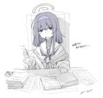  1girl blue_archive blush book book_stack cardigan chair desk dot_nose fuyunoyuki hair_between_eyes hairband halo highres holding holding_quill inkwell long_bangs long_hair long_sleeves looking_at_viewer monochrome neckerchief off_shoulder open_book open_mouth paper purple_eyes purple_hair purple_neckerchief quill raised_eyebrows sailor_collar school_uniform serafuku signature simple_background sitting solo spot_color translation_request ui_(blue_archive) white_background yawning 