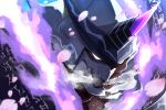  1other blurry cherry_blossoms depth_of_field falling_petals fangs gigur_gunnegam glowing glowing_eyes horns no_pupils open_mouth petals phantasy_star phantasy_star_online_2 sharp_teeth shigeshiro_hideto single_horn steam teeth white_eyes 