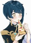  1boy androgynous black_coat blue_hair blunt_bangs coat earrings eating food genshin_impact highres hnnoo holding holding_food holding_pizza jewelry male_focus pizza pizza_slice short_hair simple_background single_earring solo tassel tassel_earrings upper_body white_background xingqiu_(genshin_impact) yellow_eyes 