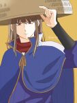  1girl adjusting_clothes adjusting_headwear aomskng blue_cloak brown_eyes brown_hair cloak closed_mouth eyelashes gintama hat long_hair long_sleeves mutsu_(gintama) sandogasa serious simple_background solo twitter_username yellow_background 